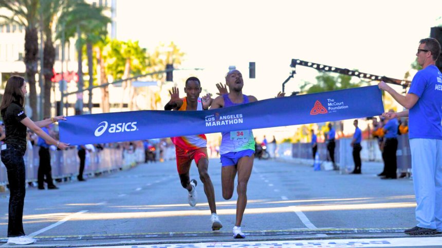 In the closest finish in race history, high school track coach Nathan Martin wins the Los Angeles Marathon