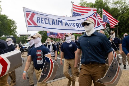 Masked Patriot Front members march through Washington, D.C. on the Fourth of July, chanting ‘Reclaim America’