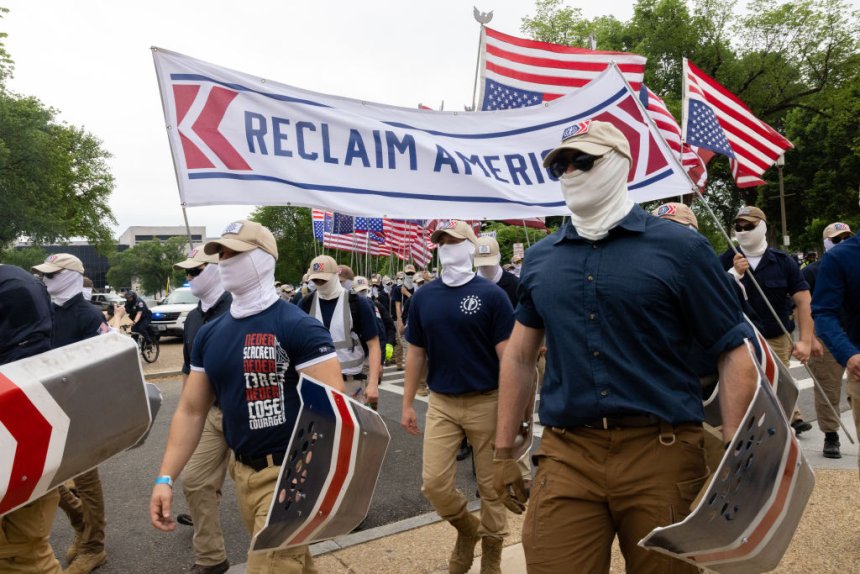 Masked Patriot Front members march through Washington, D.C. on the Fourth of July, chanting ‘Reclaim America’